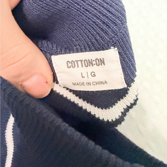 Cotton On Navy White Striped Knit Crop Top Cap Sleeve Fitted Size L - Picture 4 of 5